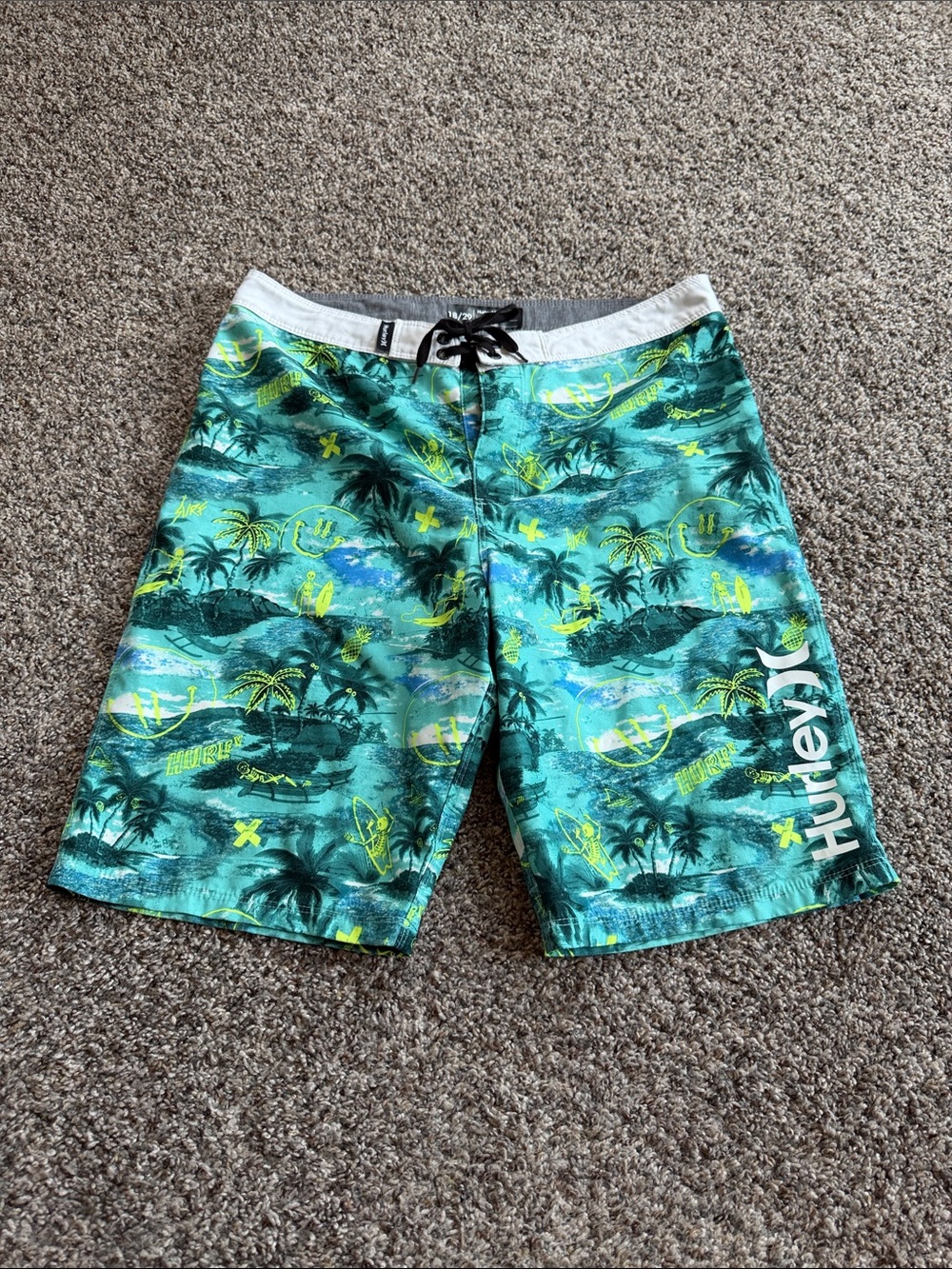Hurley Teal & Yellow Palm-Print Swim Shorts Teen Size 18 29 waist
